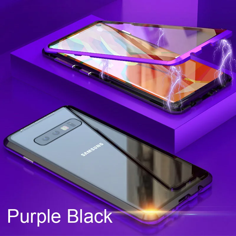 Oppselve 360 двухсторонний Магнитный адсорбционный чехол для samsung S10 S9 S8 Plus+ закаленное стекло Магнитная Крышка для samsung Note 9 8 - Цвет: Black Purple