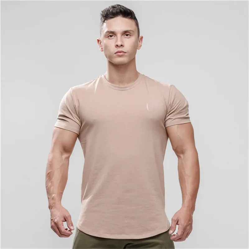 khaki Модная футболка с принтом, мужская хлопковая дышащая футболка с коротким рукавом для фитнеса, футболка для тренажерного зала, облегающая Повседневная летняя футболка - Цвет: khaki