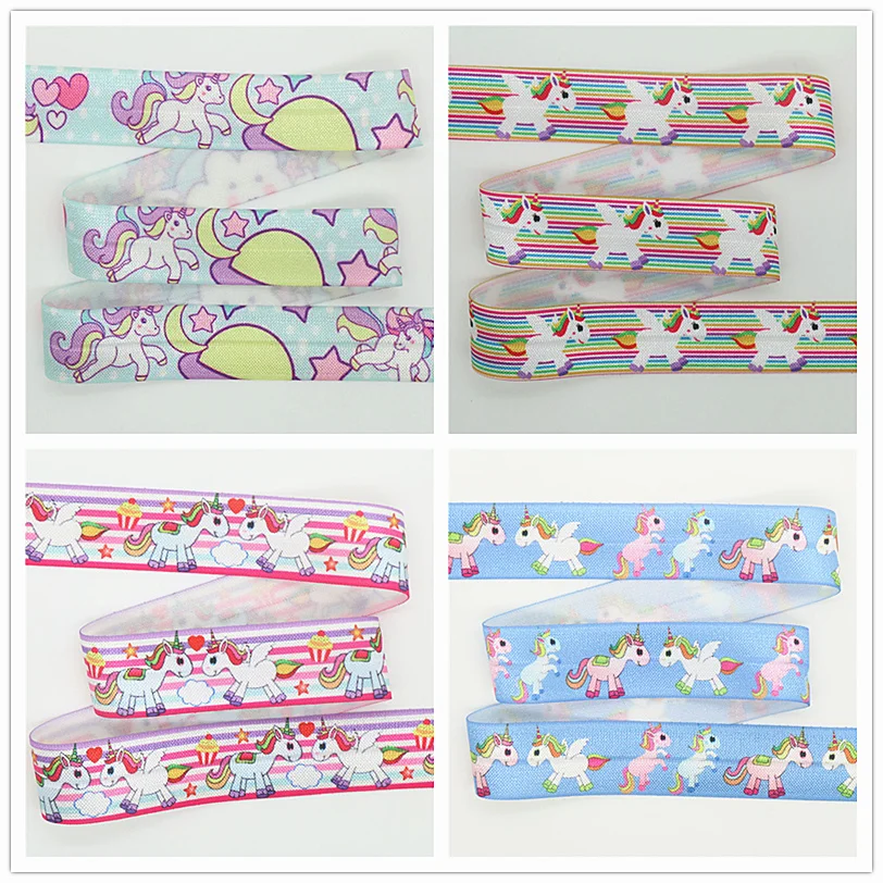 

DUWES 1'' Free shipping Fold Elastic FOE unicorn horse printed headband headwear diy decoration wholesale OEM 25mm D647