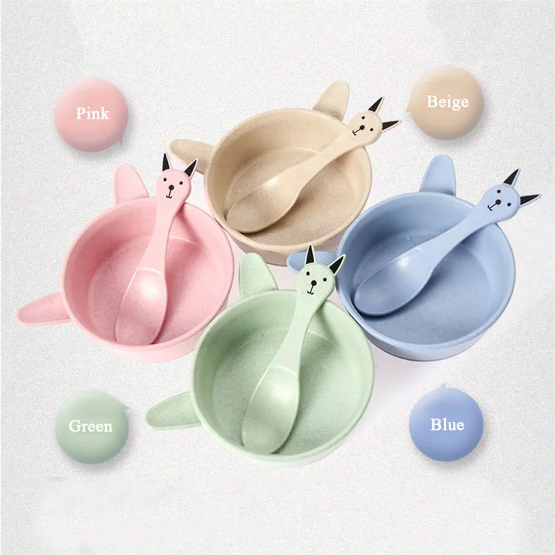 Lovely Children Tableware Set Big Ears Rabbit Shape Bowl+Fun Pattern Spoon Wheat Straw Material Kids Resistance Feeding Bowl