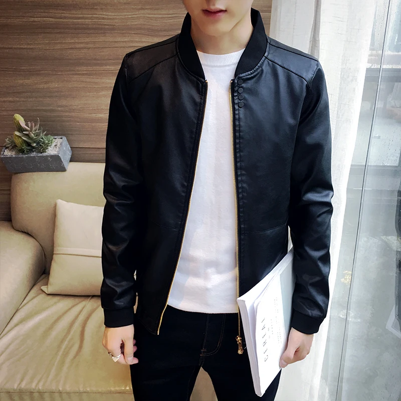 

2020 Spring New Fashion Stand Collar Pu Leather Jacket Men Slim Good Quality Korean Leather Jacket