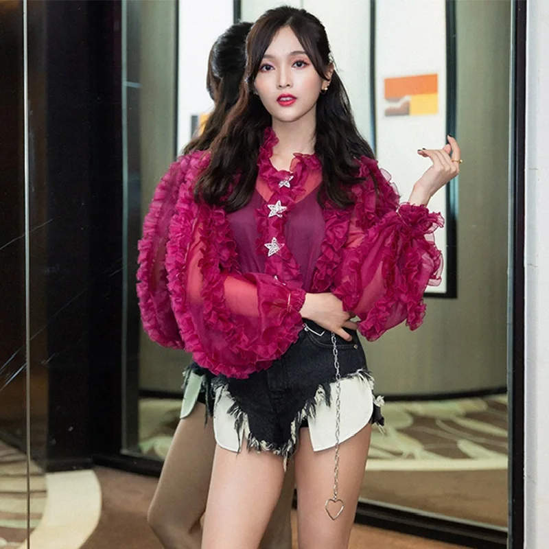 2019 Summer Party Red Ruffles Blouses Shirt Women Runway Designer Elegant Lantern Sleeve Female Tops Clothes |