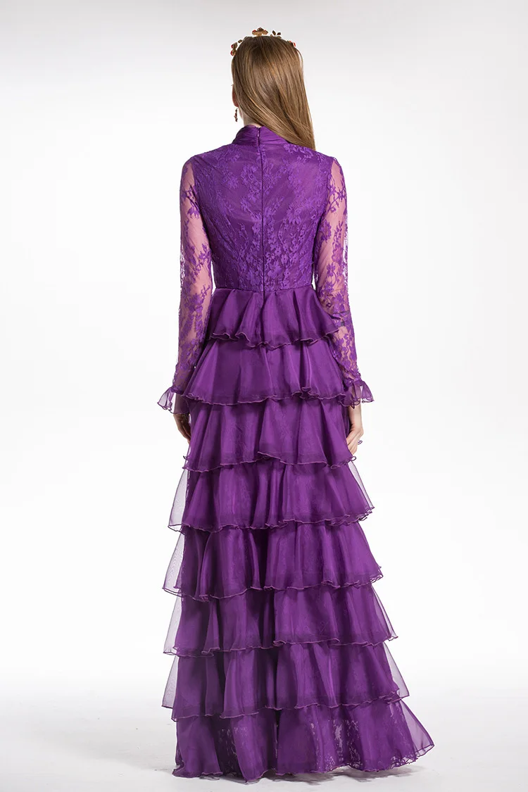 

New Arrival Women's Stand Collar Long Sleeves Lace Ruched Patchwork Tiered Ruffles Party Prom Designer Maxi Dresses
