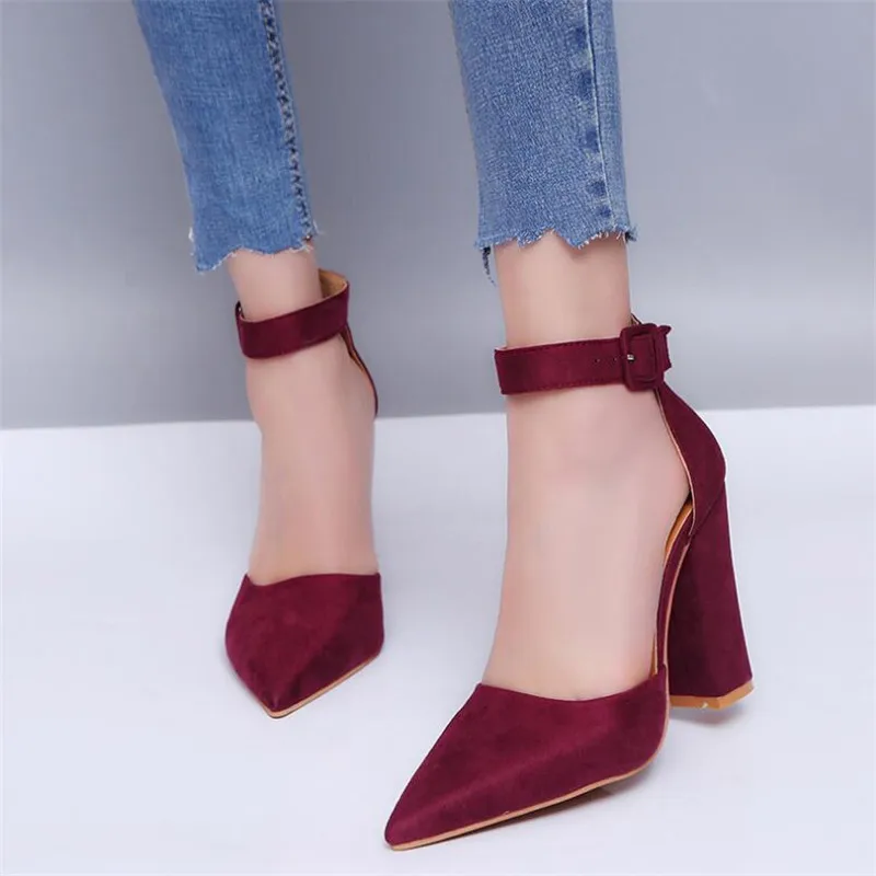 

2019 Women Pumps Fashion Women Shoes Party Wedding Super Square High Heel Pointed Toe Red Wine Ladies Pumps Size 34-43