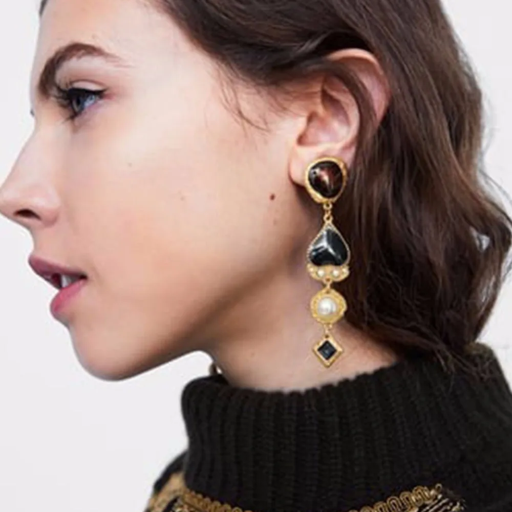 Flatfoosie ZA Boho Золотые Большие серьги висюльки для женщин хрустальные бусины Винтаж геометрическое сердце панк массивные серьги-капли ювелирные изделия