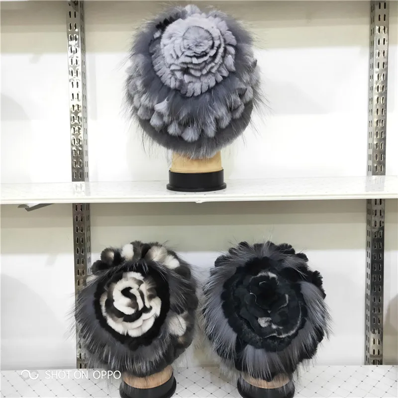 Женская вязаная шапка с кроличьим мехом теплая Повседневная лисьим и цветком