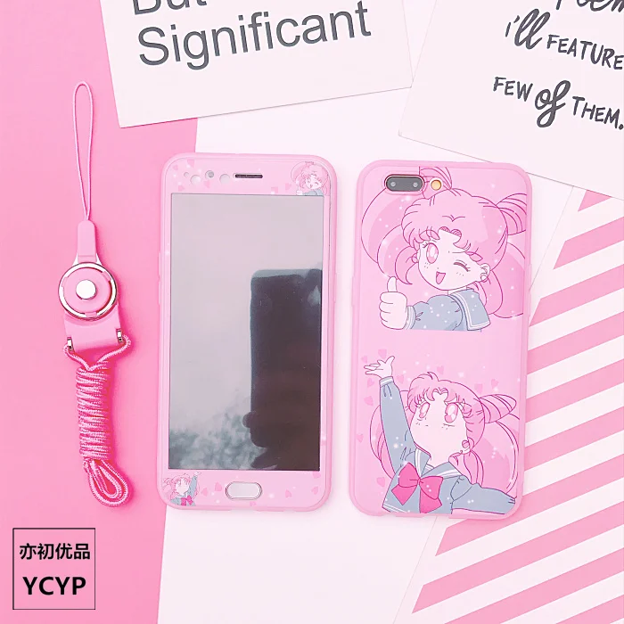 For iphone 7plus Sailor Moon Case +Tempered Glass Screen film for X 8 8plus 6 6S plus Pink cover+ Strap +Metal Gift box |