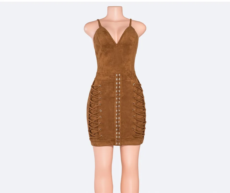 Женское облегающее платье на тонких бретельках мини шнурках 2017|suede dress|mini dressdesigner