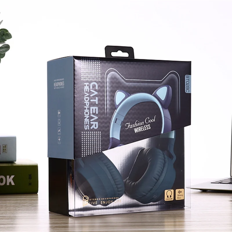 Blue with retail box Dosmix светодиодный кошачьи наушники с шумоподавлением, Bluetooth 5,0, детская гарнитура, поддержка TF карты, разъем 3,5 мм, с микрофоном - Цвет: Blue with retail box
