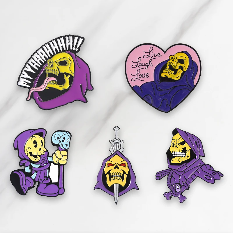 5 Styles Skull Purple Garb Enamel Brooches Masters of the Universe Badge Brooch Bag Clothes Lapel Pin Classic Skeleton Jewelry