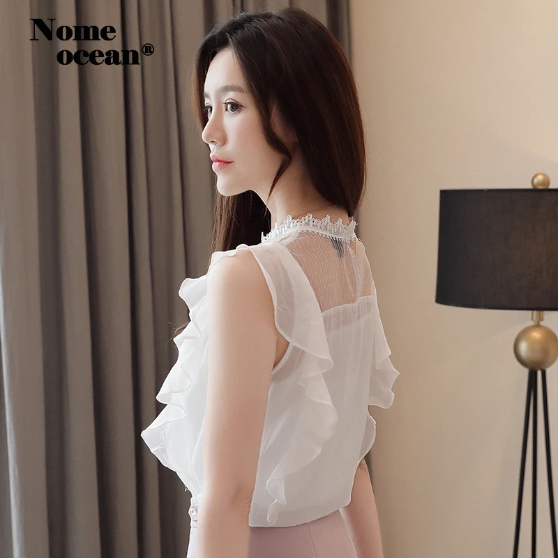Sweet Embroidered Lace Patchwork Chiffon Blouses Ruffle Short Sleeve Shirt White Tops of Women Office Lady Top M19052627 |