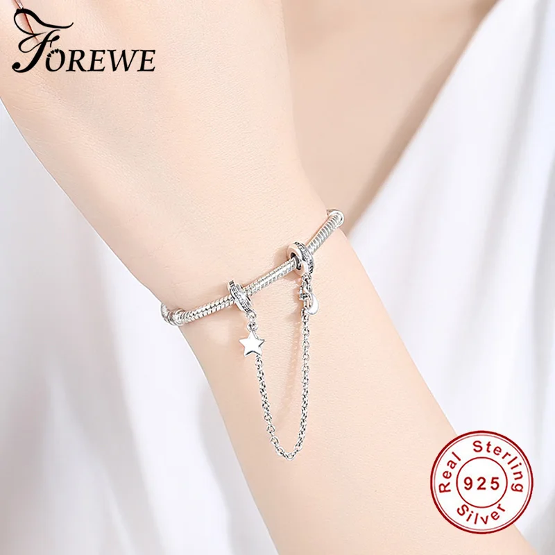 FOREWE Аутентичные стерлингового серебра 925 Stackable Луна Звезда Висячие цепи безопасности Шарм fit Шарм ювелирный браслет сделай сам