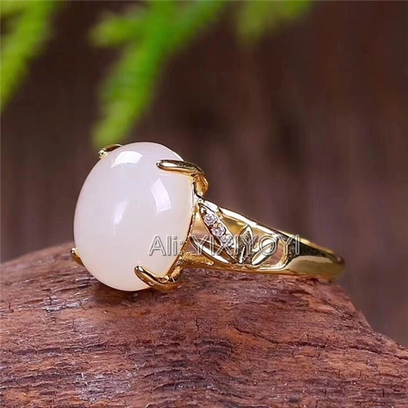 

Beautiful 925 Silver White HeTian Jade Beads Inlay Hollow Design Gold Ring Adjustable Certificate Charm Girl's Gift Jewelry