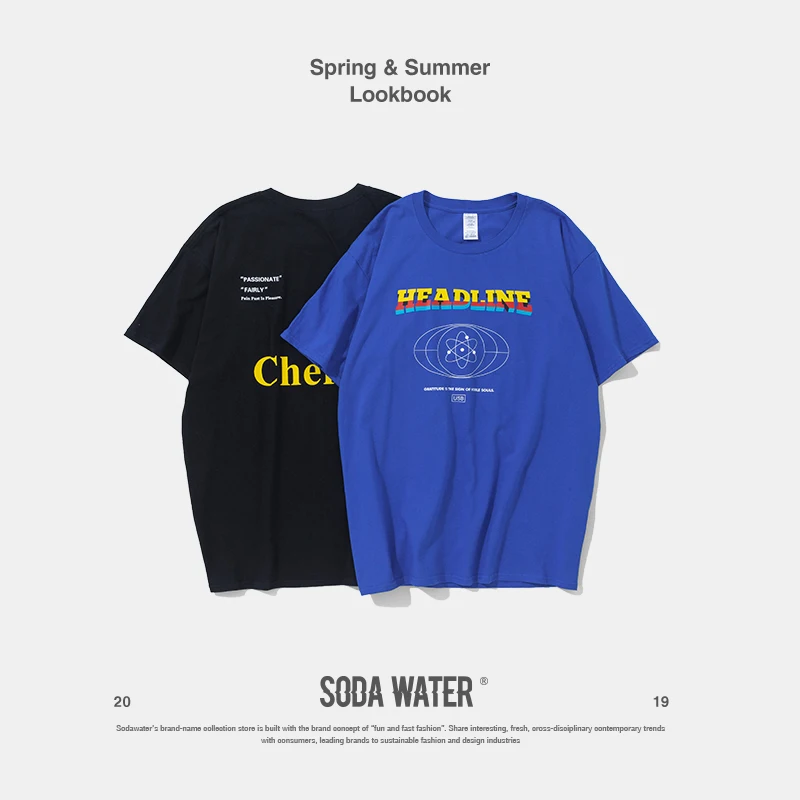 Мужская футболка в стиле хип-хоп SODA WATER унисекс Harajuku с коротким рукавом свободные