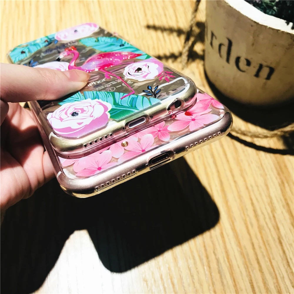 Cases For Iphone 7 Cute Cartoon Flamingos 3D Pattern Phone Case 6 6s 8 Plus X Transparent Diamond Soft TPU Coque Capa |