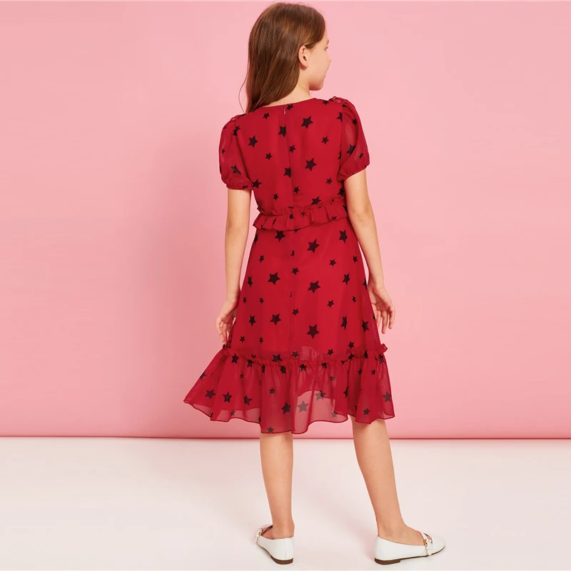 SHEIN/детское праздничное платье для девочек с принтом Красной звезды и оборками на подоле; коллекция года; милое летнее платье на молнии с рукавами-фонариками для подростков