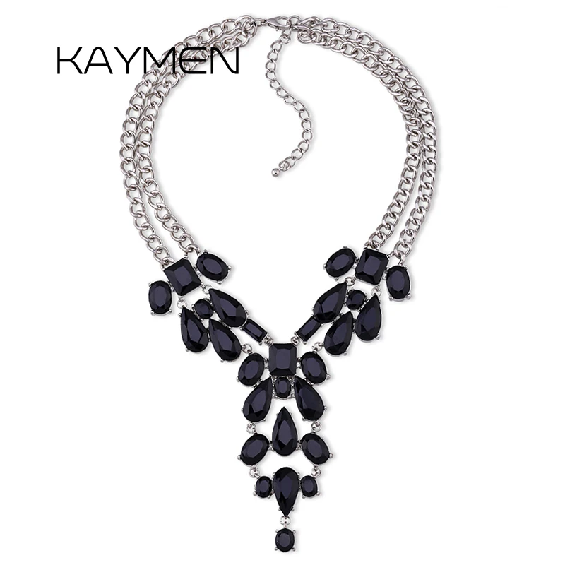 

KAYMEN Zinc-alloy with Silver Plated Inlaid Back Crystals Stone Double Chains Luxury Chokers Necklace for Women Gilrs Party Maxi