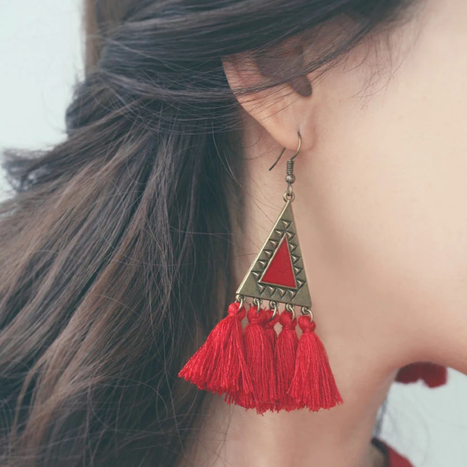 Новинка 2019 Яркие длинные серьги-подвески в этническом стиле с бахромой и