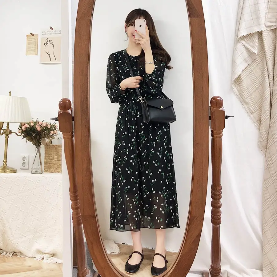 Новинка, S-XL, весеннее женское платье, повседневное, бохо, OL, повседневное, шифоновое, с принтом, с длинным рукавом, женское платье, Robe femme Vestido