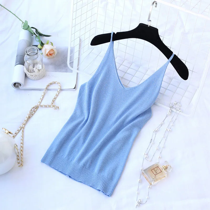 Water blue Трикотажные топы с v-образным вырезом, женская сексуальная жилетка с люрексом, женская повседневная майка без рукавов, модная женская майка на бретельках, тонкая летняя Новинка - Цвет: Water blue