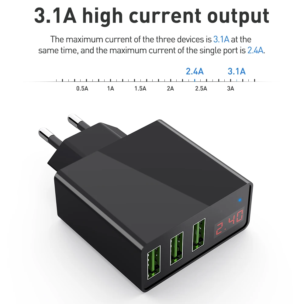 KEYSION светодиодный цифровой 3 порта USB зарядное устройство универсальное