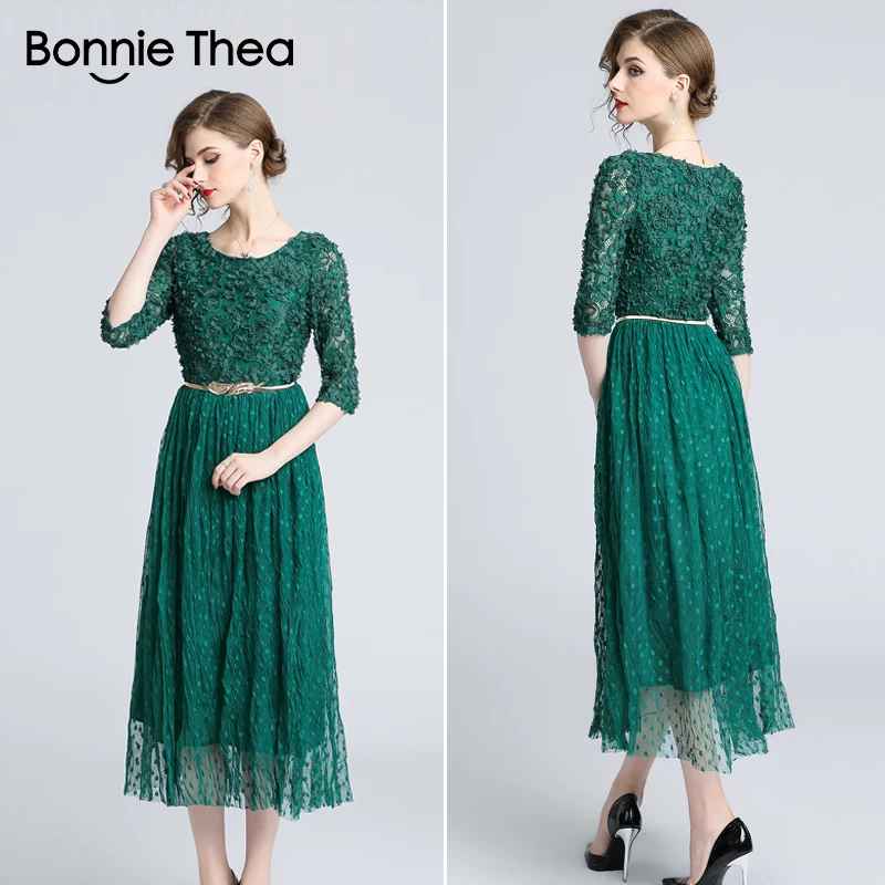 Бонни Thea женские зеленые кружева вечернее платье Женский Осень Элегантный