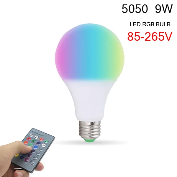 6 шт./лот E14 E27 GU10 MR16 светодиодный цветная(RGB) Светодиодная лампа 3 Вт 5 Вт 9 Вт светодиодный прожектор AC85-265V+ 24-кнопочный ИК-пульт дистанционного управления Lampara - Испускаемый цвет: E27-9W-5050-RGB-Bulb