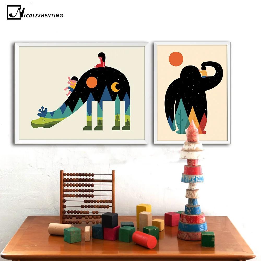 Nordic Art Cartoon Animal Poster Elephant Bear Wolf Minimalist Canvas Painting Nursery Wall Picture Kids Baby Room Decoration|canvas painting|wall