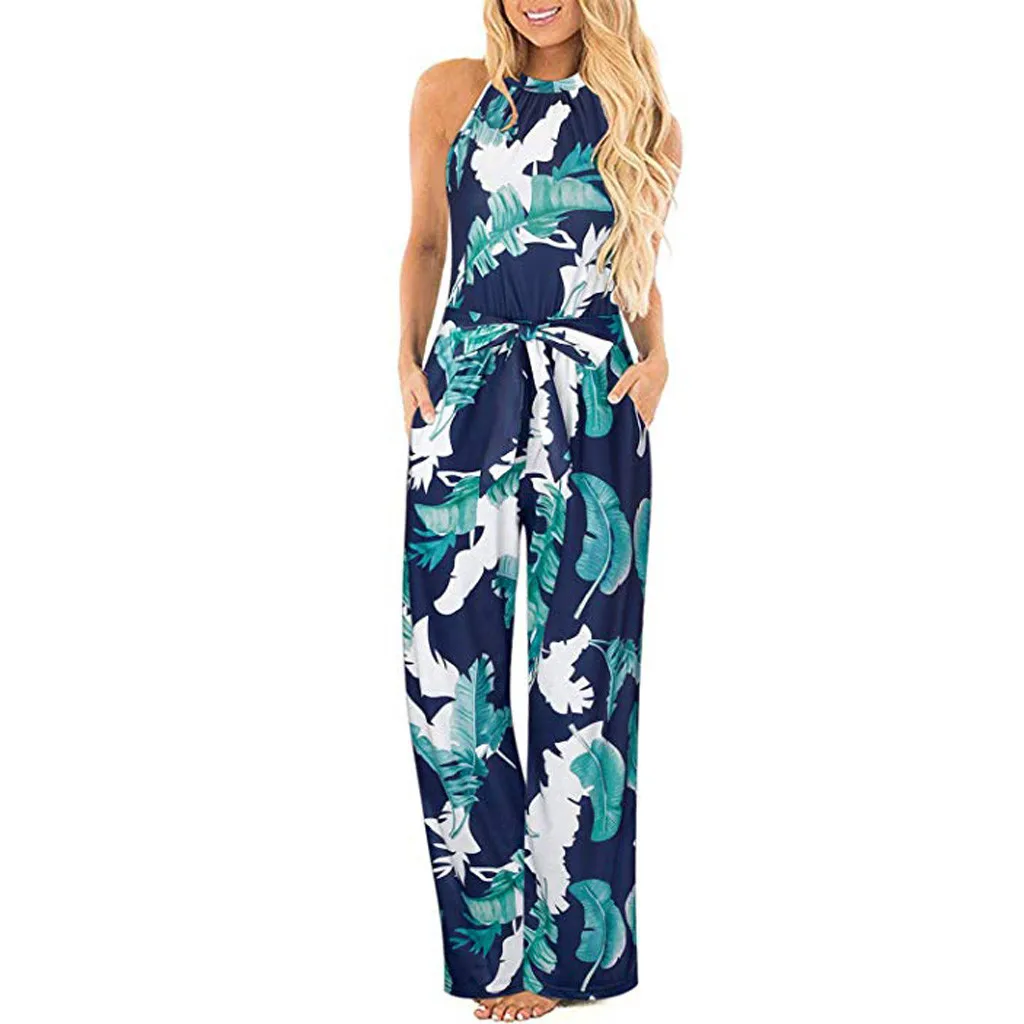 GN Rompers Womens Jumpsuit Plus Size Rompers Womens Jumpsuit Long Trousers Pants Women Halter Neck Loose Belted Pocket Jul - Цвет: GN