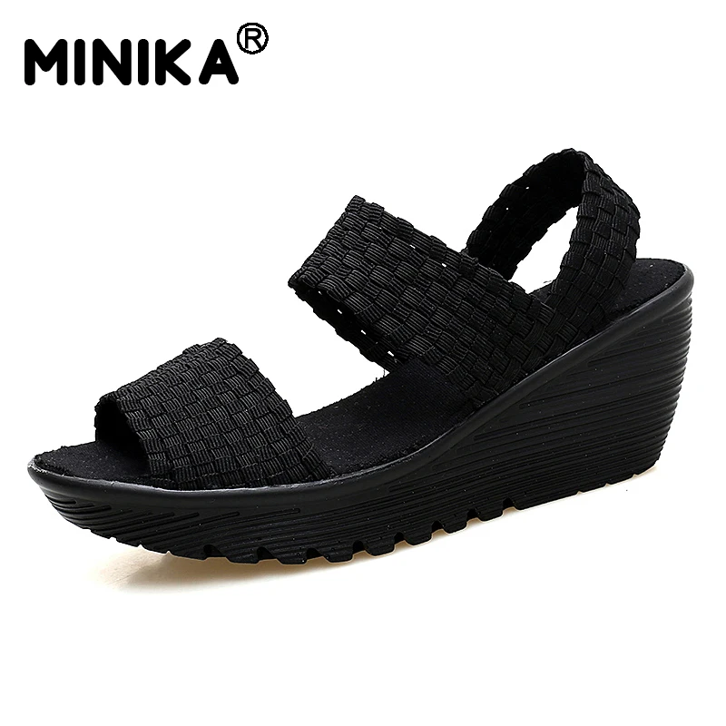 Minika/летние женские сандалии тканые на плоской платформе и танкетке шлепанцы с
