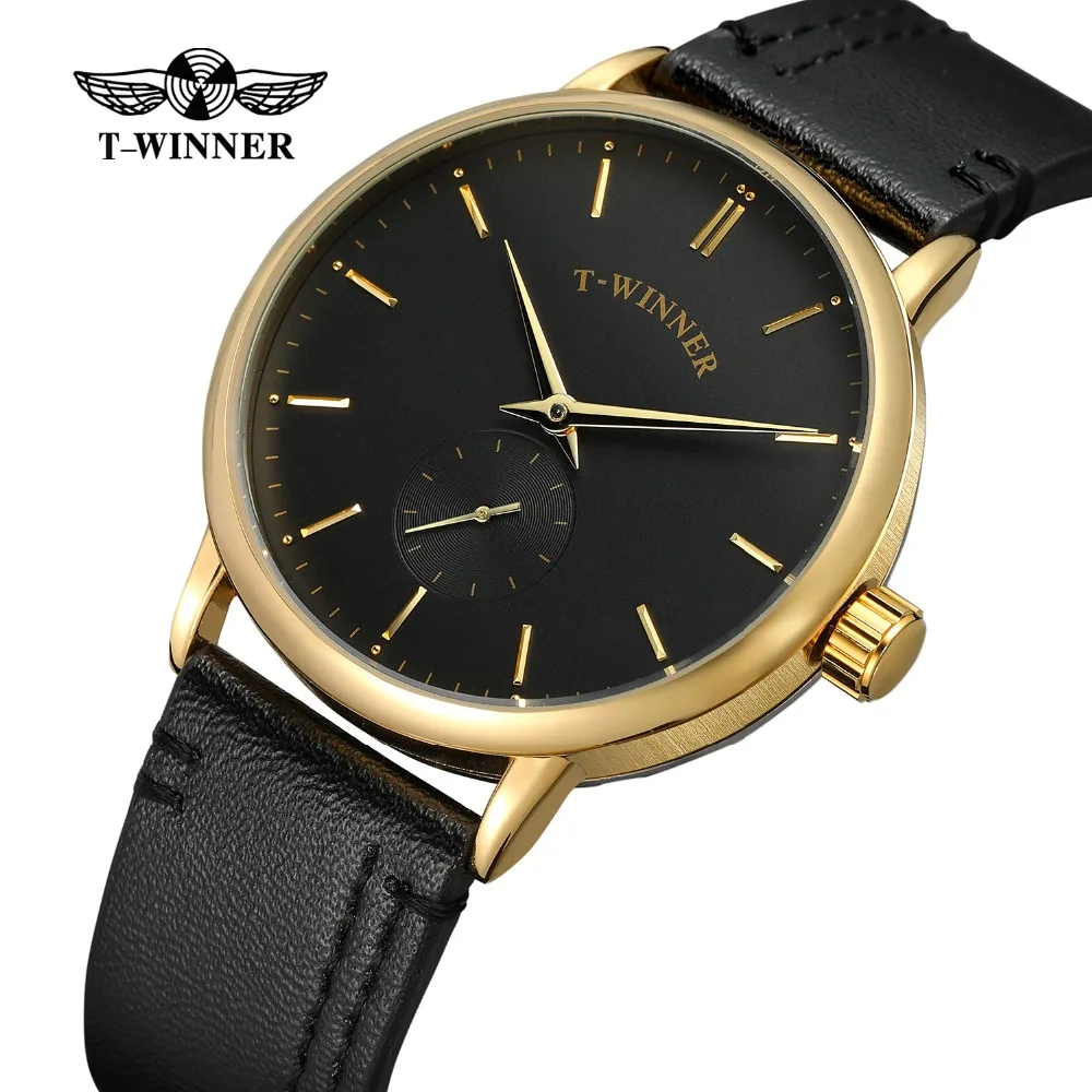 

T-Winner Men's Watch Mechanical Hand-wind Fashion Casual Analog Leather Strap Original Factory with Bars Index Mechanics Watch