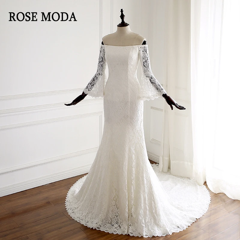 

Rose Moda Lace Wedding Dress Long Sleeves Boat Neck Mermaid Wedding Dresses Lace Up Back Real Photos
