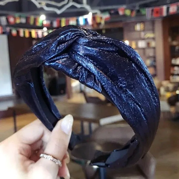 Модные накладные повязки с узелком из искусственной лаковой ткани для женщин, вечерние аксессуары, роскошные широкие повязки для волос, украшения для волос - Окраска металла: Navy Blue