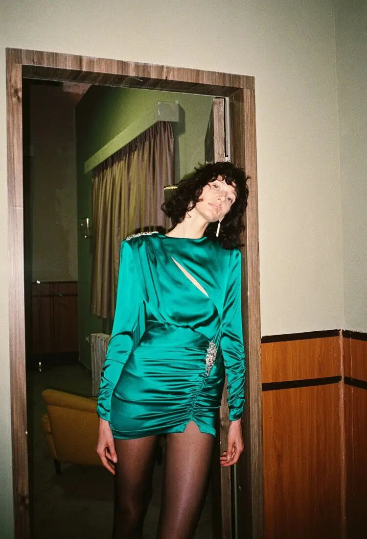 

high quality Elegant 2019 newest Women O neck green crystal long sleeve celebrity party Bodycon bandage dress dropshipping