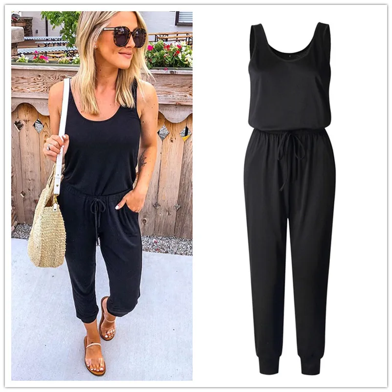 New Arrival Sexy Off Shoulder Sleeveless Lace Up Belts Jumpsuits Summer Women Solid Casual Pockets Long Rompers Women Jumpsuits