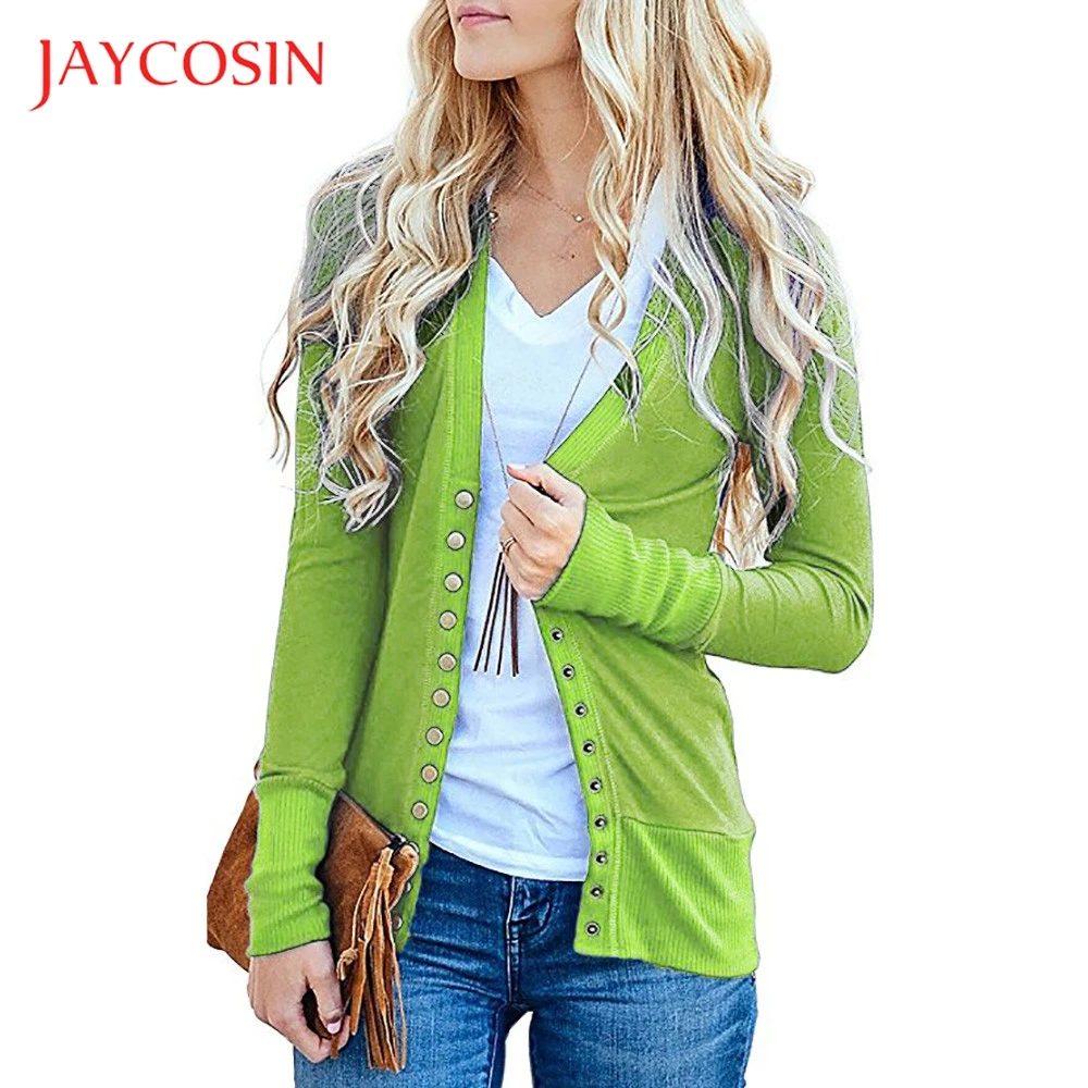 JAYCOSIN длинный рукав женский на пуговицах с v-образным вырезом трикотаж вязаный