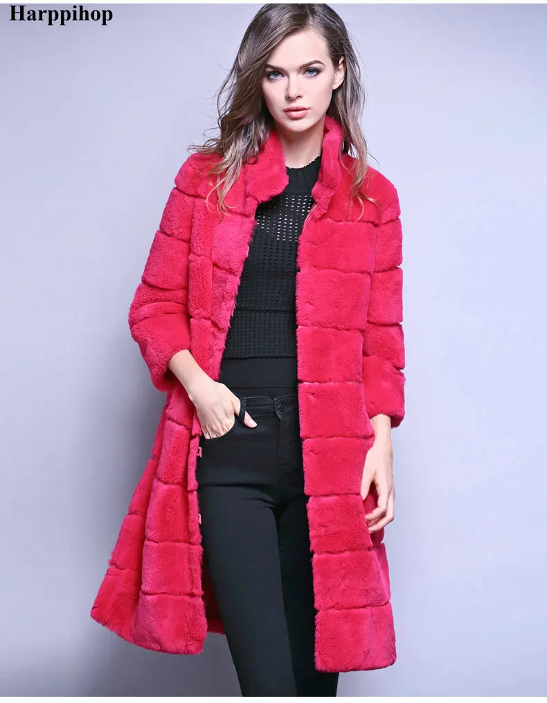 Красный 100 см, 6XL, большие размеры, натуральный мех кролика Рекс, шуба разных цветов, Женская длинная дизайнерская зимняя теплая верхняя одежда, Женское пальто - Цвет: Красный