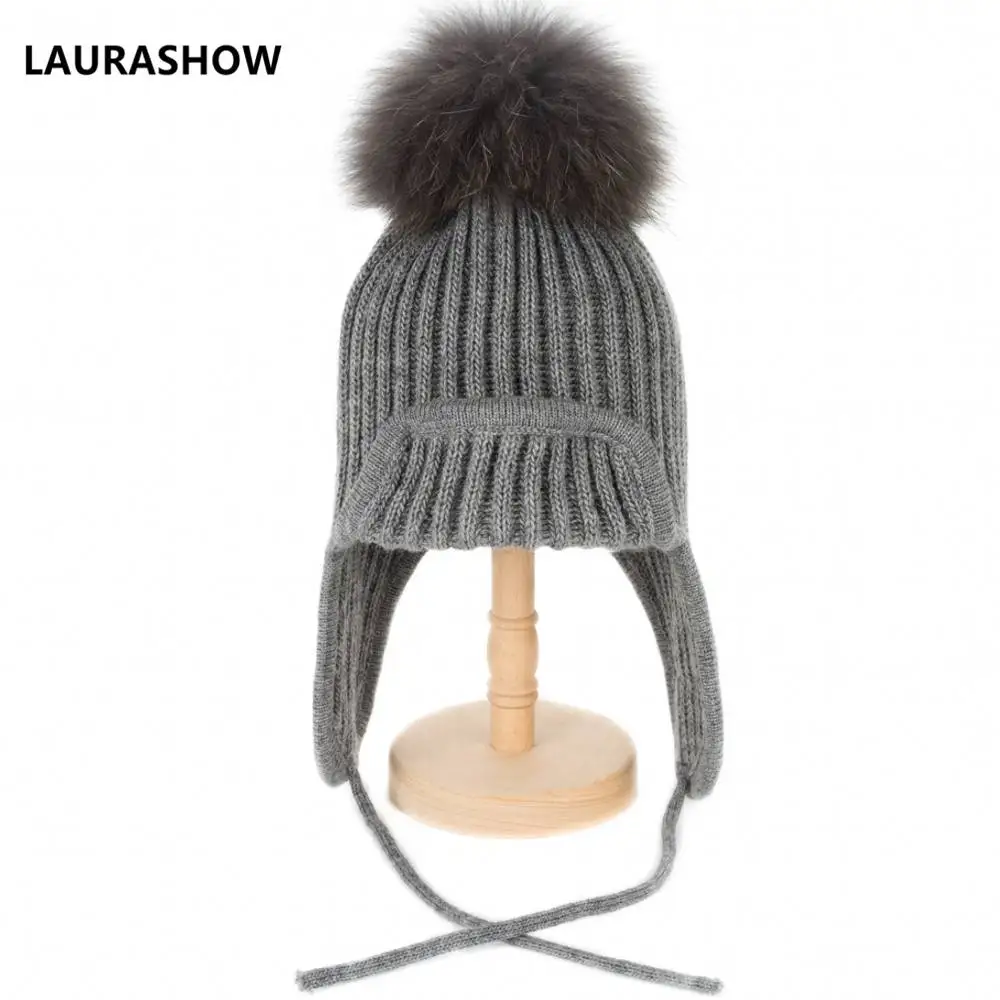46-56cm LAURASHOW/зимняя детская шапка с меховым помпоном для детей, От 3 до 12 лет зимняя теплая шапка Skullies из 30% шерсти - Цвет: 46-56cm