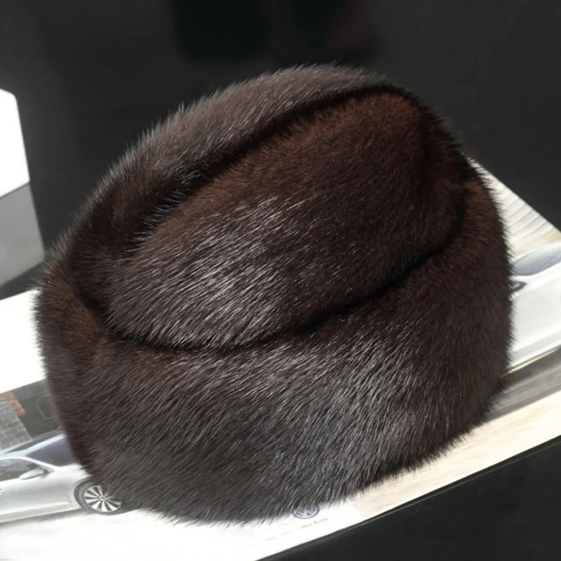 ZDFURS *men mink fur hat New Fashion Men's Real Mink Fur Cap Winter Warm Top Hat Headgear Beanie Beret