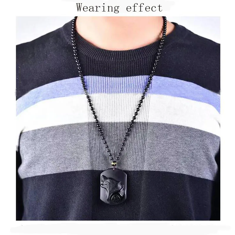 Черная Обсидиановая резьба голова Волка амулет кулон бесплатное ожерелье