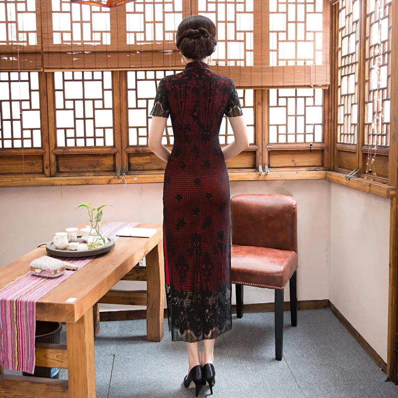 Fengmeisi китайский Cheongsam долго Qipao кружева красный черный тонкий пикантные винтажные
