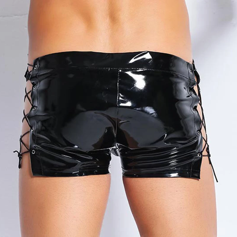 Wetlook Latex Boxers Sexy Leather Men Underwear Shorts Trunk Lingerie Homme Gay Jockstrap Lace Up Male Black Vinyl Underpants