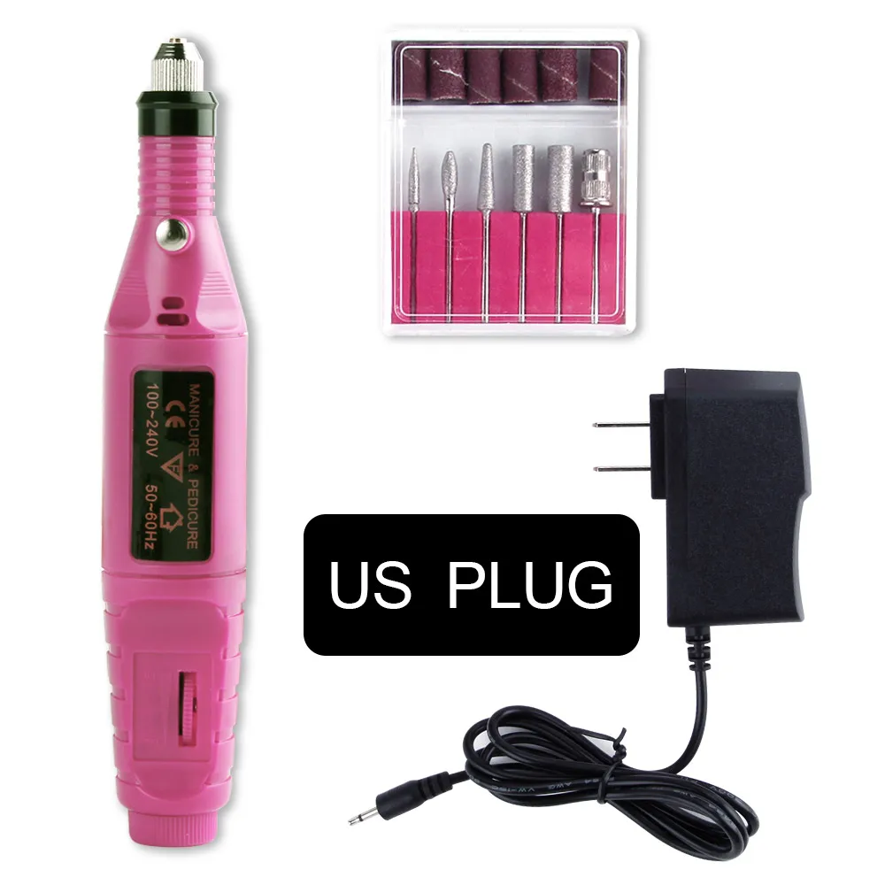 Pink US Plug 1 Набор, маникюрный аппарат, профессиональный электрический набор для ногтей, насадки для ногтей, электрическая ручка для дизайна ногтей, педикюр, 6 бит, инструменты для ногтей, мельница, набор - Цвет: Pink US Plug