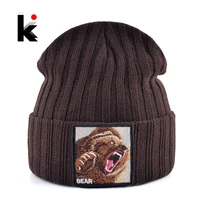 embroidery bear knitted beanies hat men solid color autumn winter knitting boy skullies caps women streetwear kpop gorras bonnet