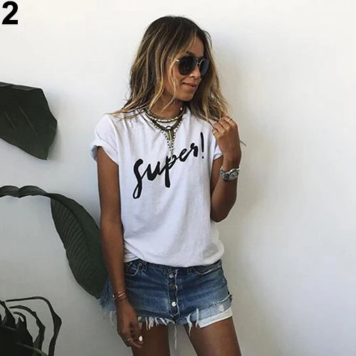 Женская Мода Лето Повседневная Письмо Печати С Коротким Рукавом О-Образным