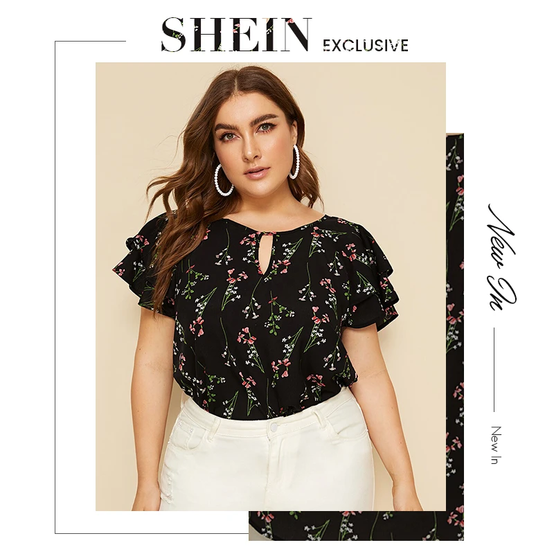 SHEIN размера плюс колье на шее многослойное платье с оборками на рукавах, ботанический Блуза Топ Для женщин летние Повседневное Цветочный принт вырезами блузки