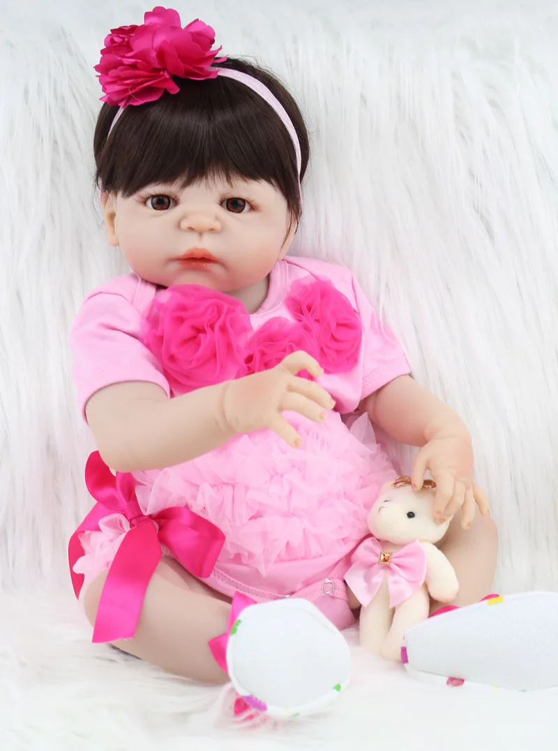 55 см силиконовый Reborn Girl Baby Doll игрушка реалистичное розовое платье принцессы