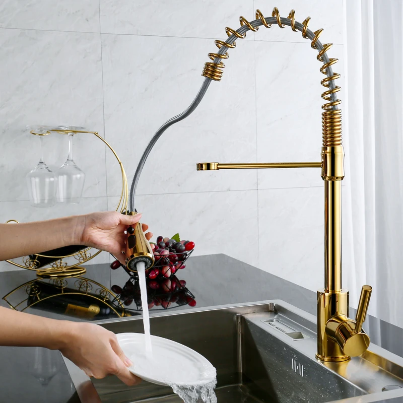 OLMEY Luxury Golden Spring Kitchen Faucets with Dual Functions Pull Down Spray Head Single Lever Sink Taps Mixer 11010-C1 | Обустройство