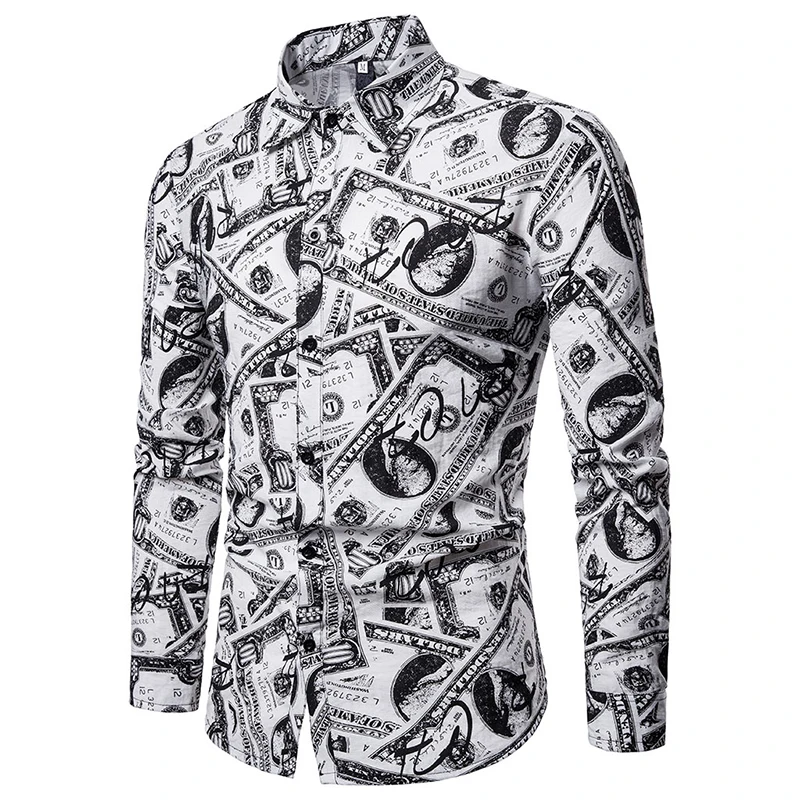 2019 новая рубашка с принтом доллара Мужская Высококачественная Camisa Social Masculina