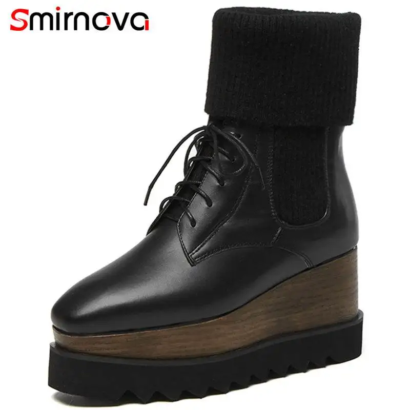 Smirnova/2018 г. Новые Модные на танкетке натуральная кожа + стрейч ткани сапоги